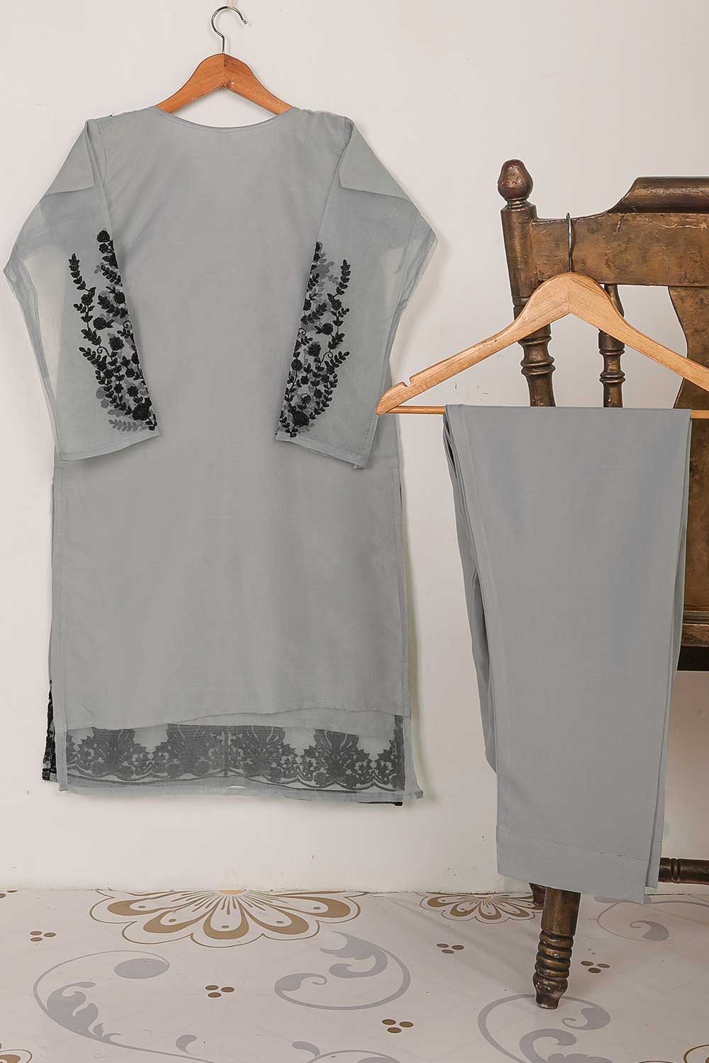 STP-064A-Grey Black - 2PC PREMIUM EMBROIDERED ORGANZA STITCHED