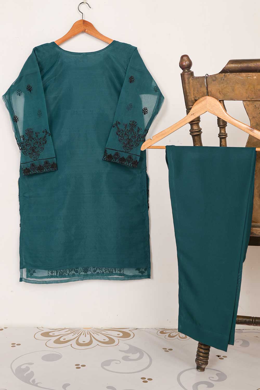 STP-063A-Turquoise - 2PC PREMIUM EMBROIDERED ORGANZA STITCHED