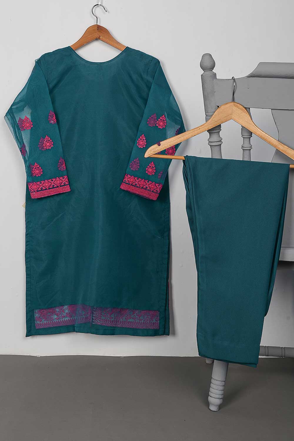 STP-073A-Turquoise - 2Pc Organza Embroidered With Malai Trouser