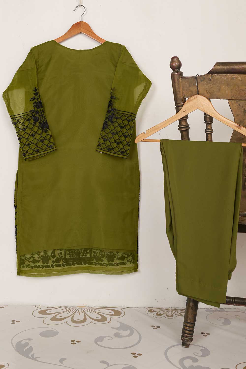 STP-062A-Moss - 2PC PREMIUM EMBROIDERED ORGANZA STITCHED