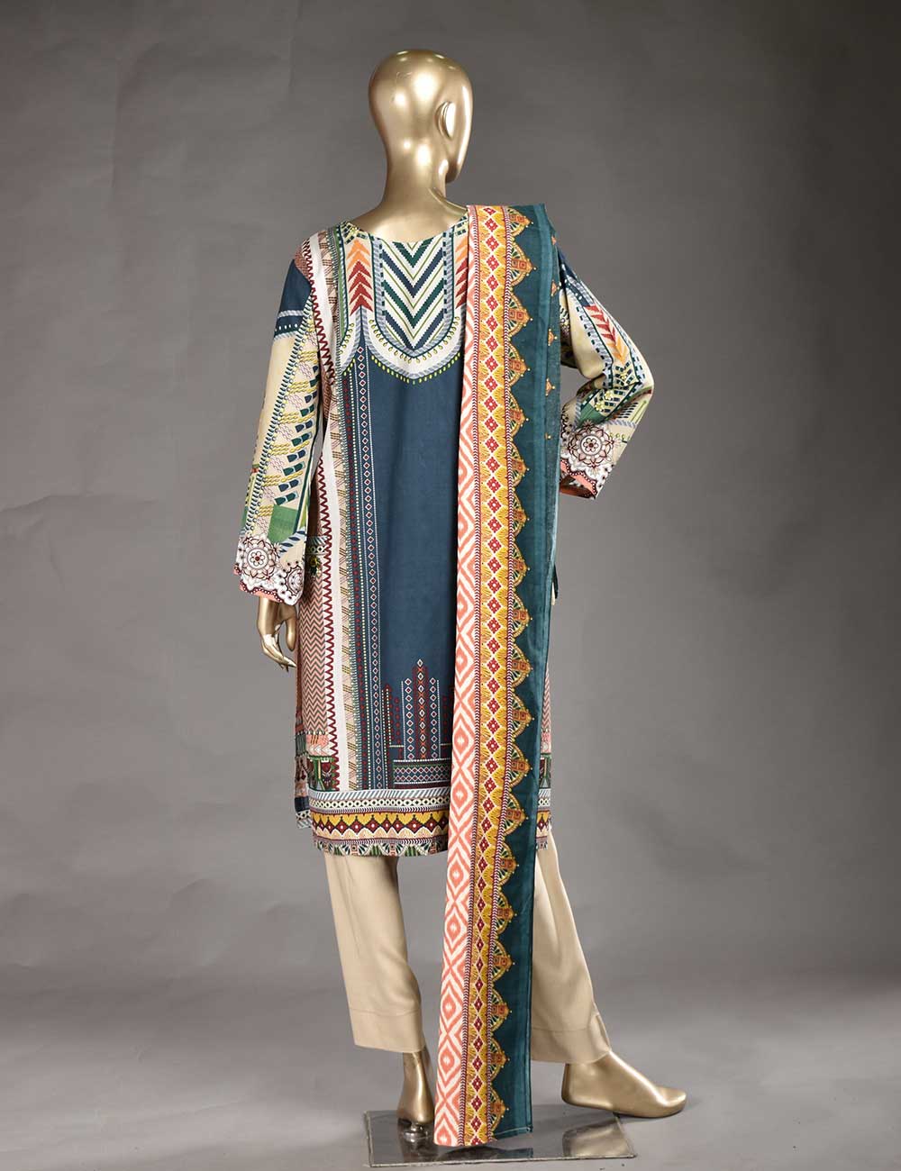 3 Pc Unstitched Linen Printed & Embroidered Dress with Printed Wool Shawl Dupatta - Au-Naturel (KL-05)