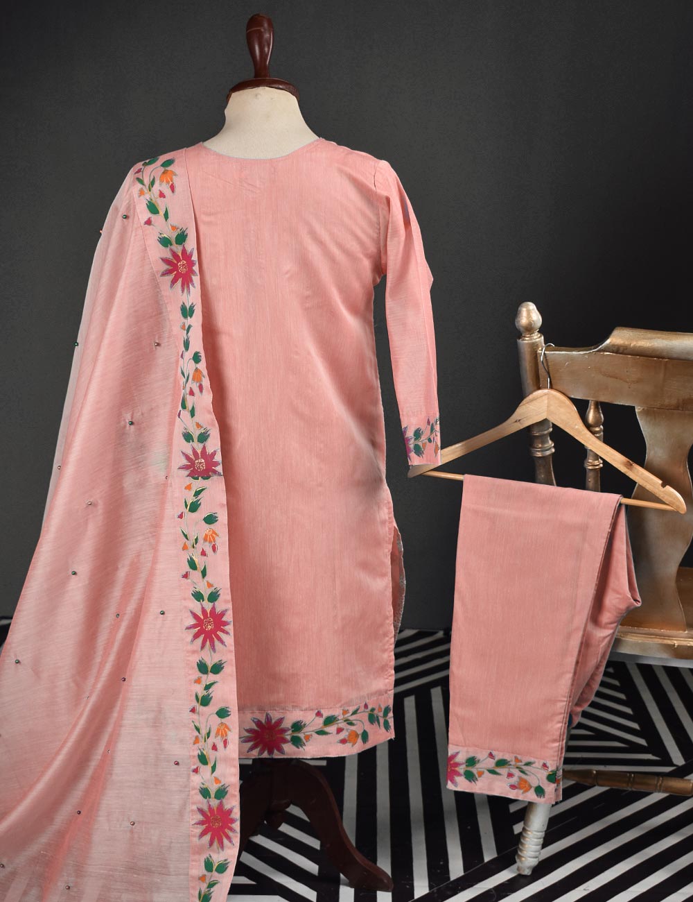 3 Pc Stitched Paper Cotton Chikankari Embroidered Dress with Beautiful Printed Borders - Charismatic Vibes (RTW-17-PeachyPink)