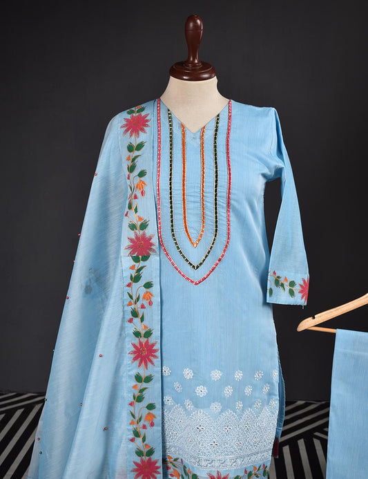 3 Pc Stitched Paper Cotton Chikankari Embroidered Dress with Beautiful Printed Borders - Charismatic Vibes (RTW-6-GreyishBlue)