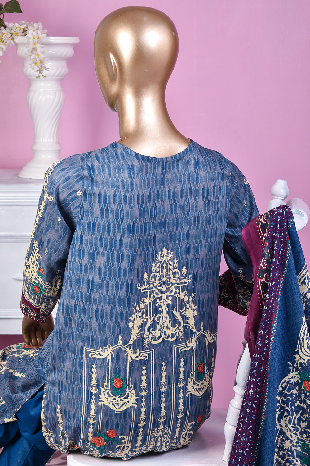 3 Pc Unstitched Embroidered Lawn Dress with Lawn Printed Dupatta & Embroidered Cotton Trouser - Citrine (ZLE-6B)