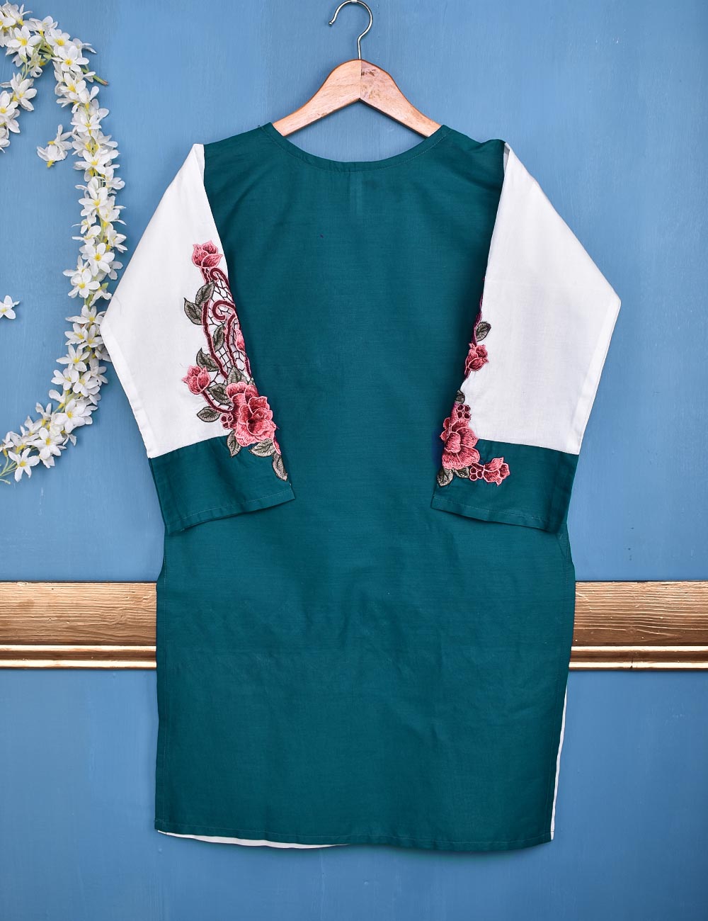 Cotton Embroidered Stitched Kurti - Floral Art (TS-049B-Turquoise)