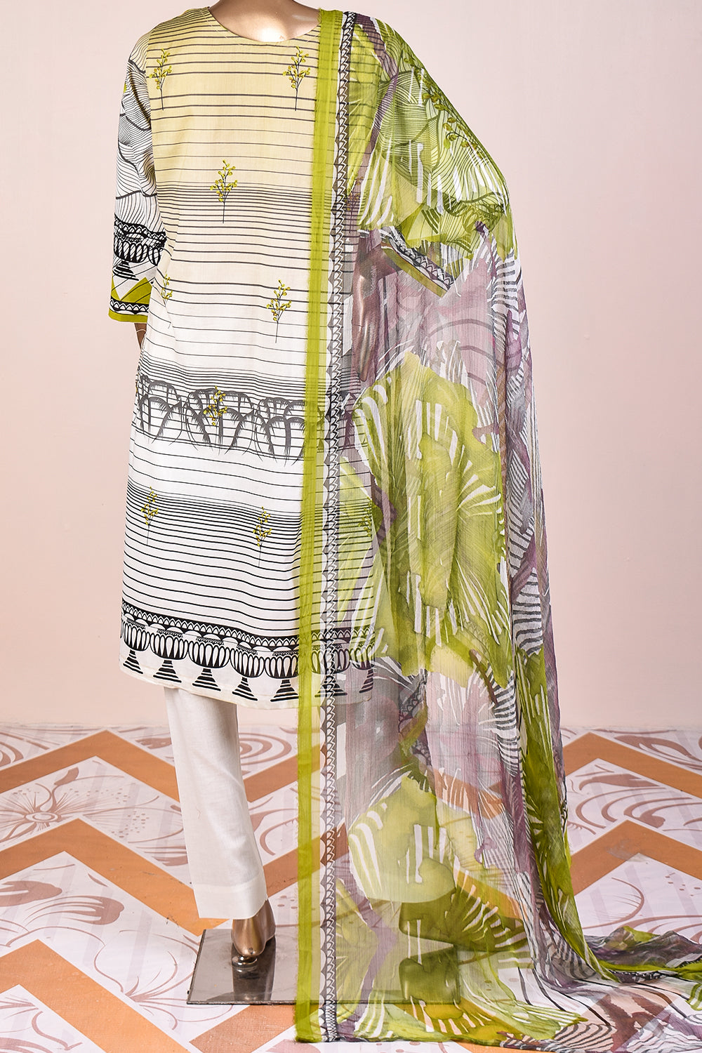 3 Pc Unstitched Embroidered Lawn Dress with Chiffon Printed Dupatta - Rustic Minds (JEL-07)