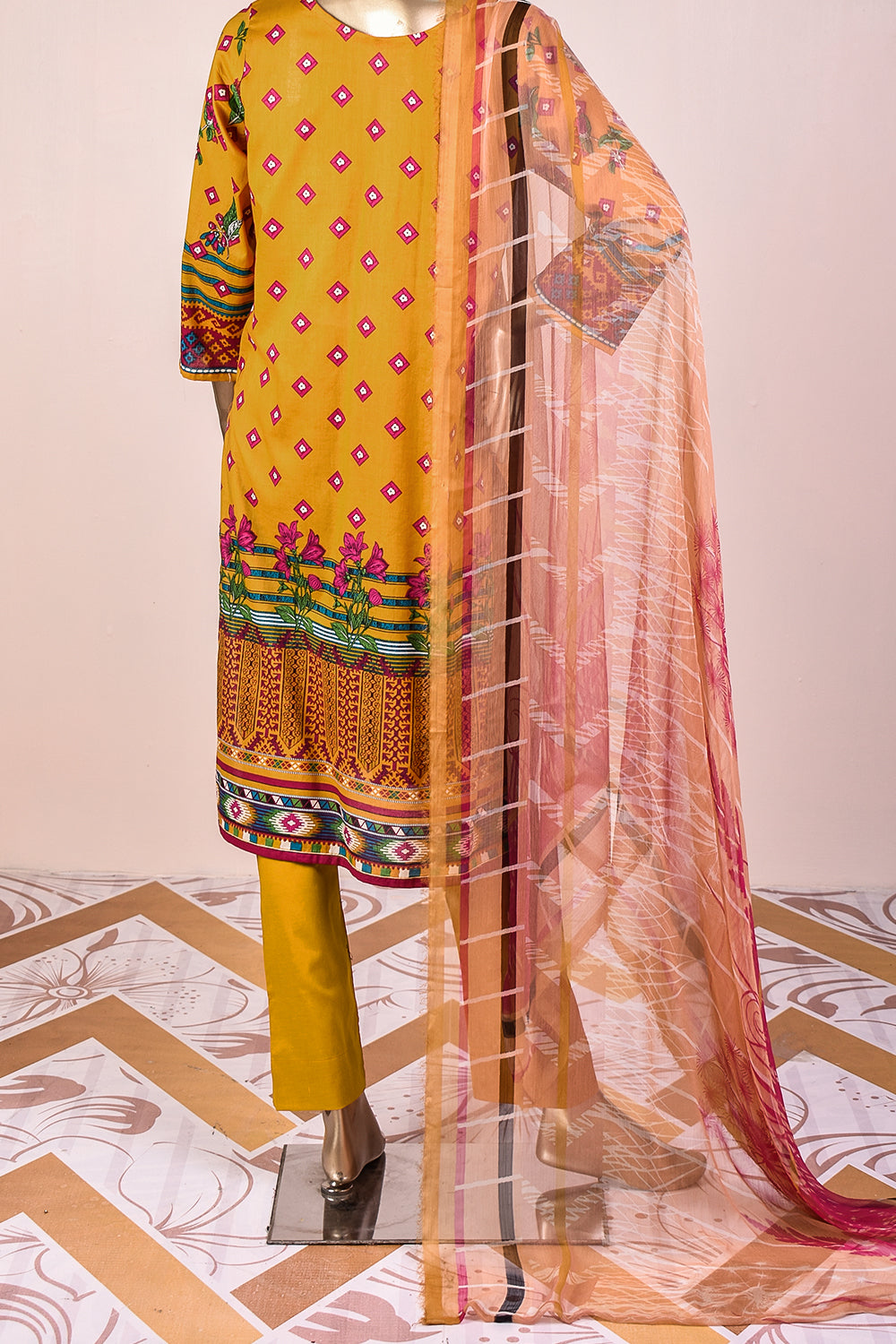 3 Pc Unstitched Embroidered Lawn Dress with Chiffon Printed Dupatta - Tangerine (JEL-08)
