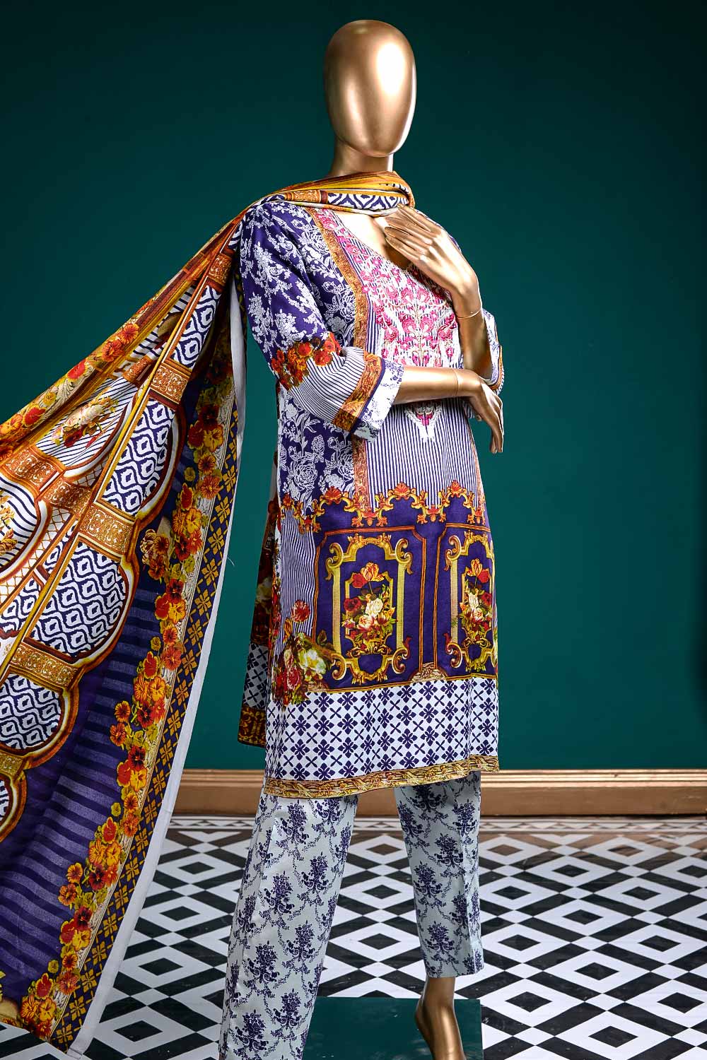 LL-1B - Frosty Affair | Unstitched Printed & Embroidered Linen Dress