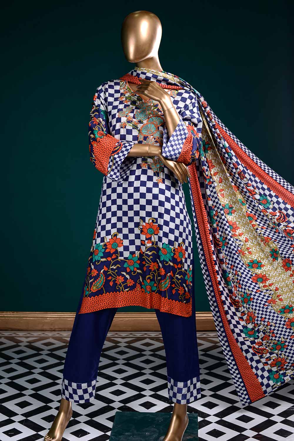 LL-4B - Chequered Mix | Unstitched Printed & Embroidered Linen Dress