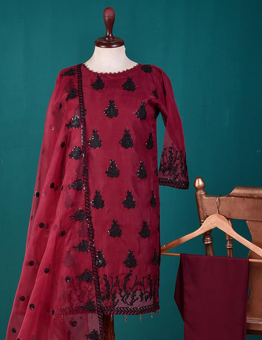 3 Pc Stitched Organza Suit with Organza Embroidered Dupatta and Malai Trouser - Scarlet Diva (RTW-20-Maroon)