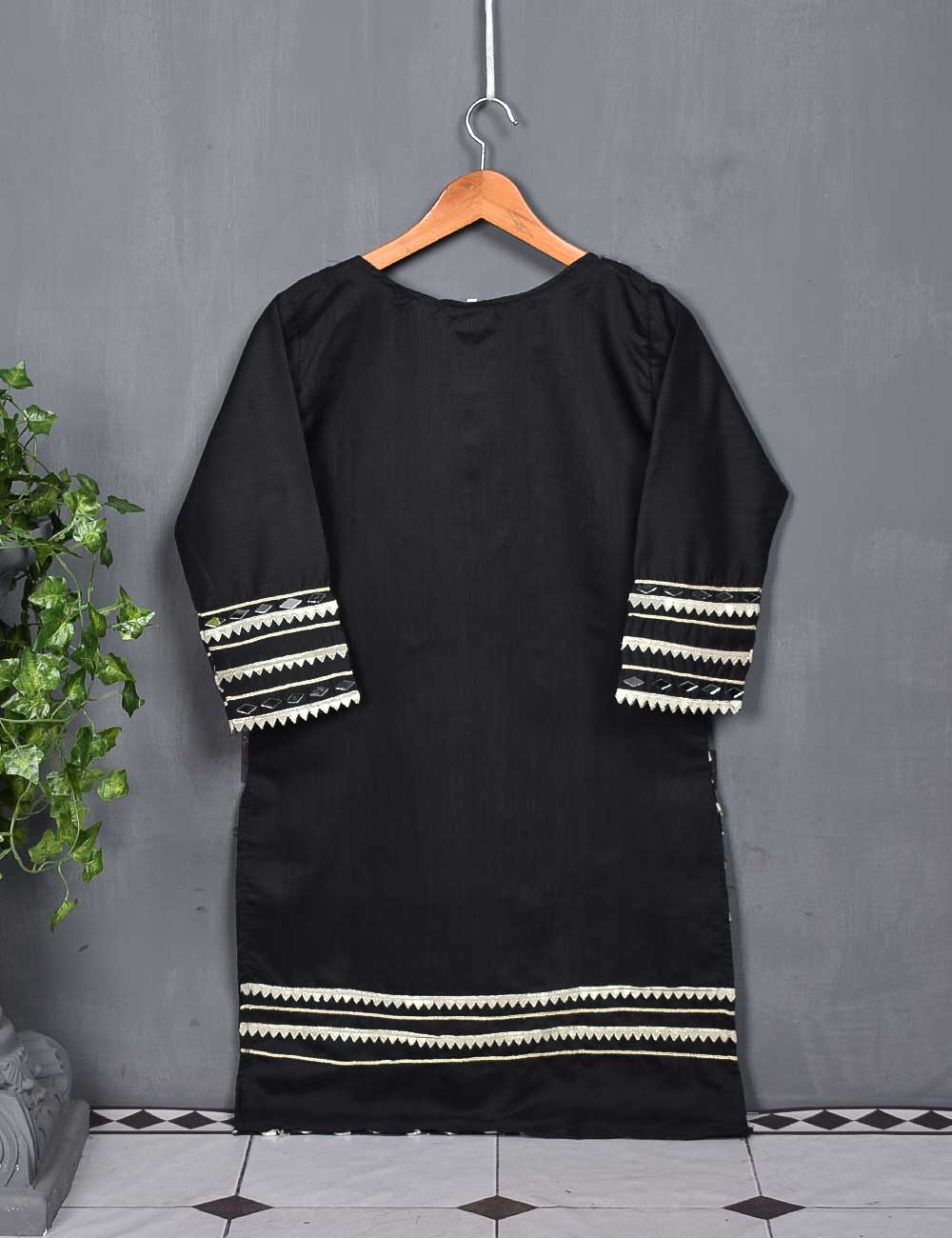 Paper Cotton Stitched Kurti with Mirror and Lace Work - Mirror Cut (T20-021B-Black)