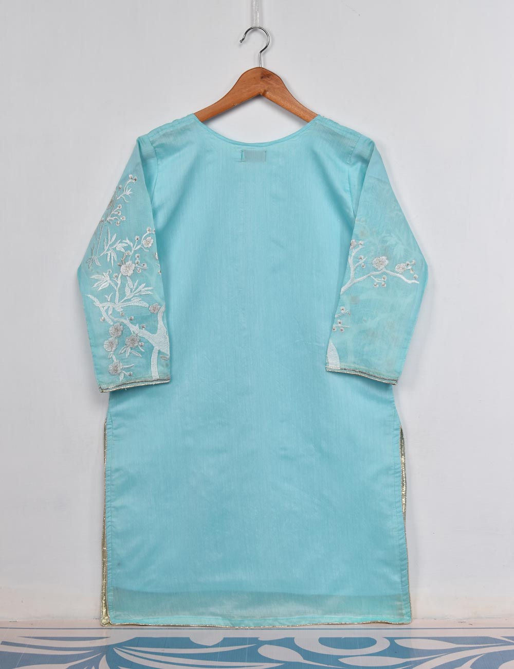 Semi Formal Paper Cotton Fabric Embroidered Stitched Kurti - Poetic Aura (T20-039A-SkyBlue)