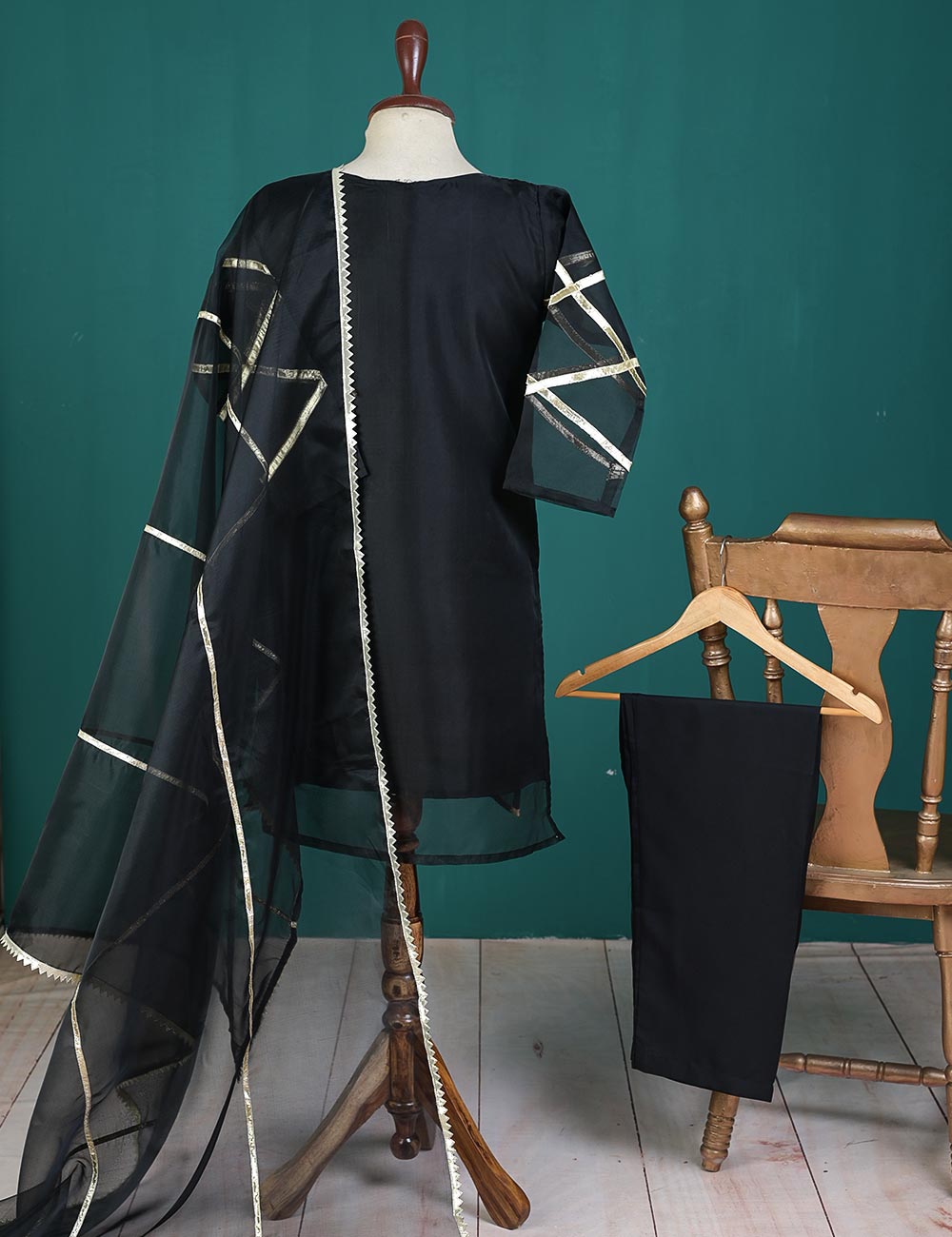 3 Pc Stitched Organza Suit With Organza Dupatta and Malai Trouser - Almitra (RTW-23-Black)