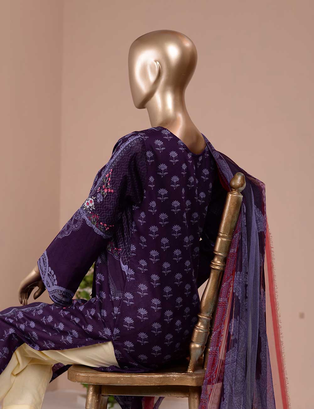 3 Pc Unstitched Lawn Embroidered Dress with Chiffon Dupatta - Seven Heavens (EC-5B)