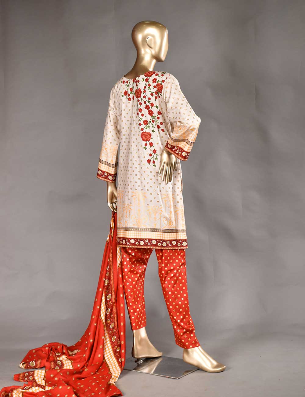 3 Pc Unstitched Linen Printed & Embroidered Dress with Printed Wool Shawl Dupatta - Star Ruby (KL-10)