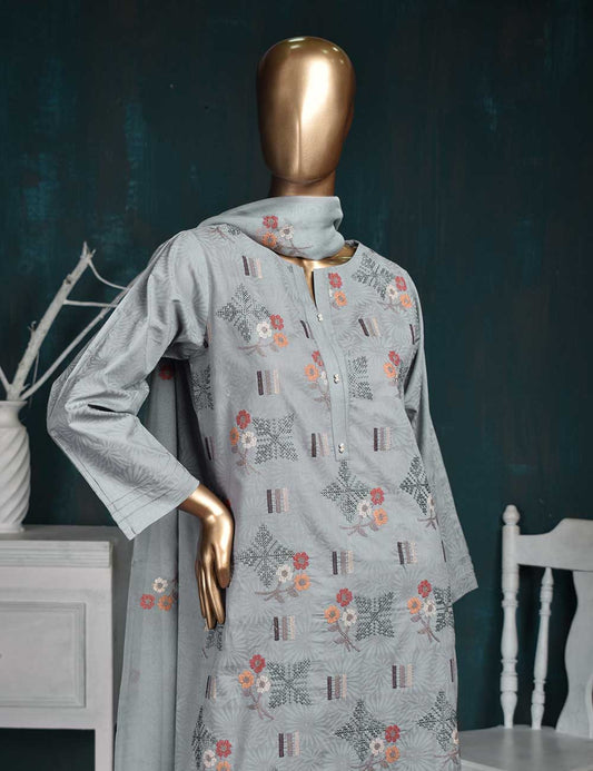 3 Pc Printed and Embroidered Cotton Dress with Embroidered Chiffon Dupatta - Sunflower (CE-1A-LightGray)