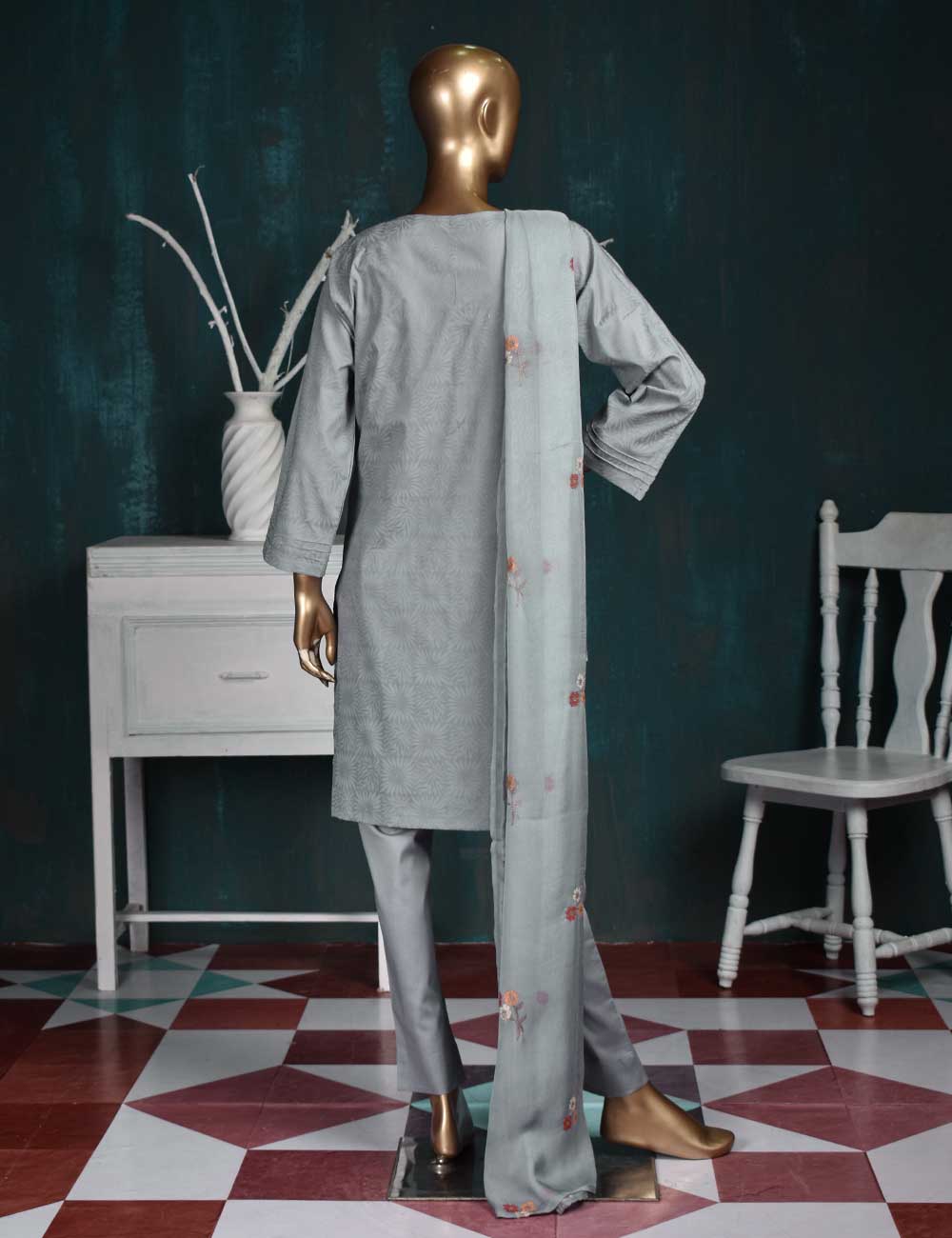 3 Pc Printed and Embroidered Cotton Dress with Embroidered Chiffon Dupatta - Sunflower (CE-1A-LightGray)