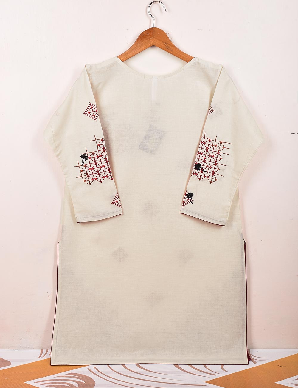 TS-060B-Cream - Cotton Embroidered Stitched Kurti