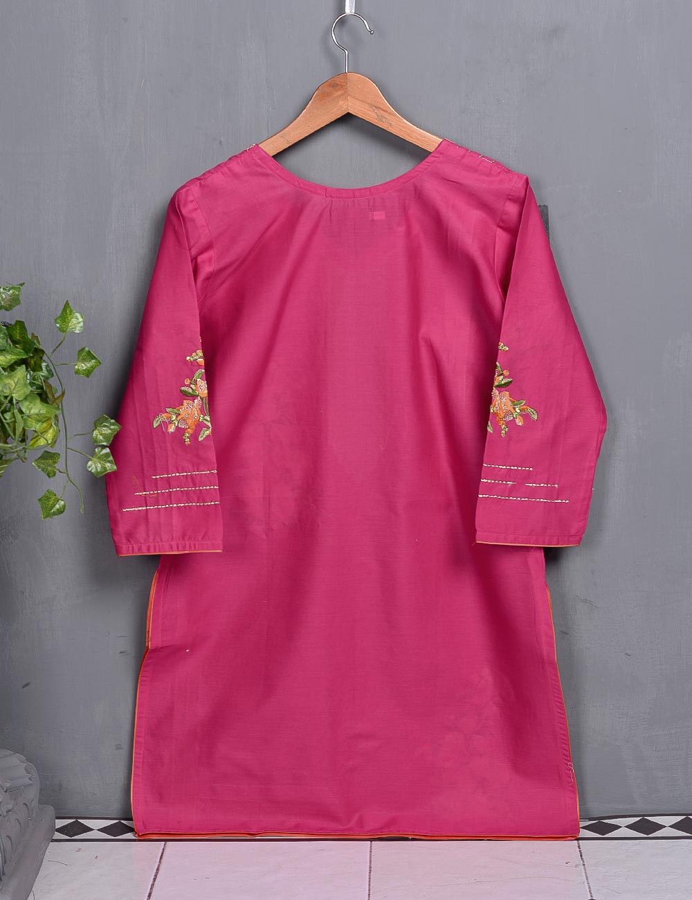 Cotton Embroidered Kurti - Tropical Hibiscus (T20-017-Fuschia)