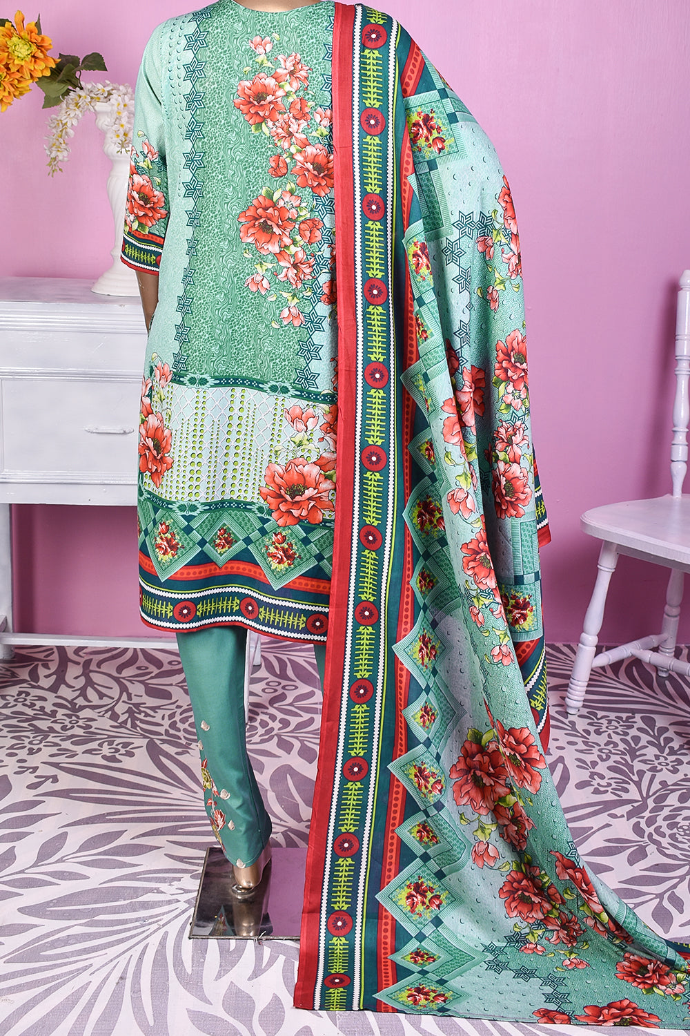 3 Pc Unstitched Embroidered Lawn Dress with Lawn Printed Dupatta & Embroidered Cotton Trouser - Wild Dream (ZLE-3A)