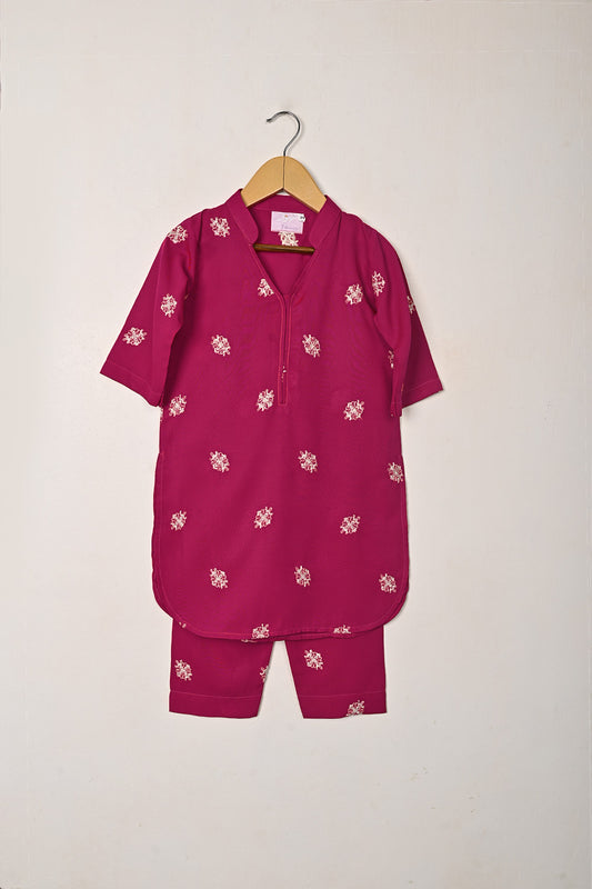 TKF-287-Fuchsia - Kids 2Pc Ready to Wear Malai Embroidered Dress