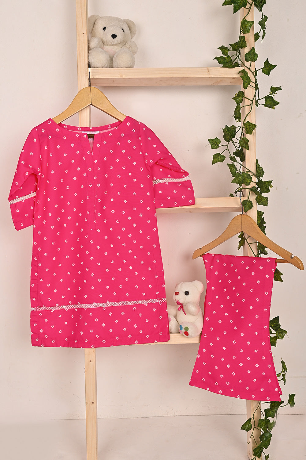 TKF-307-Fuchsia - Kids 2Pc Digtal Poly Cambric Dress