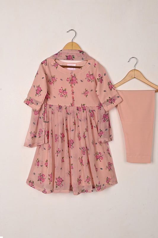 TKF-300-Tea Pink - Kids 3Pc Chiffon Printed Frock