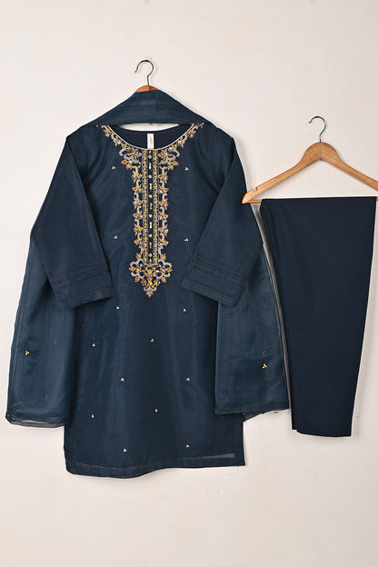 RTW-290-NavyBlue - 3Pc Ready to Wear Embroidered Premium Adda Work Organza Dress