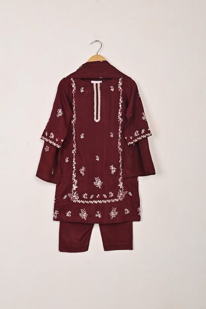 TKF-264-Maroon - Kids 3Pc Ready to Wear Raw Silk Embroidered Dress