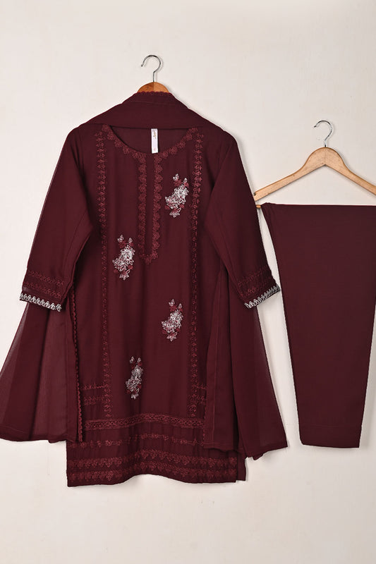 RTW-286-Maroon -  3Pc Ready to Wear Embroidered Chiffon Dress