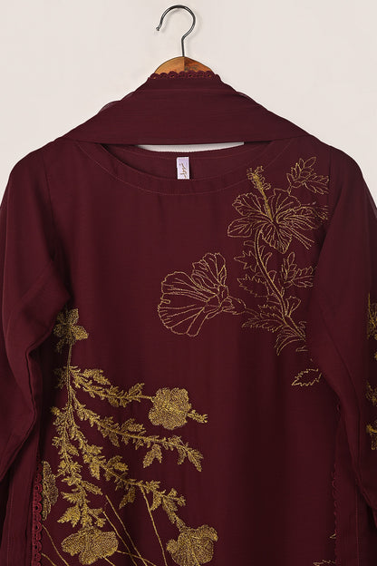 RTW-287-Maroon -  3Pc Ready to Wear Embroidered Chiffon Dress