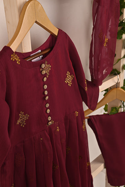 TKF-186-Maroon - Kids 3Pc Chiffon Embroidered Frock