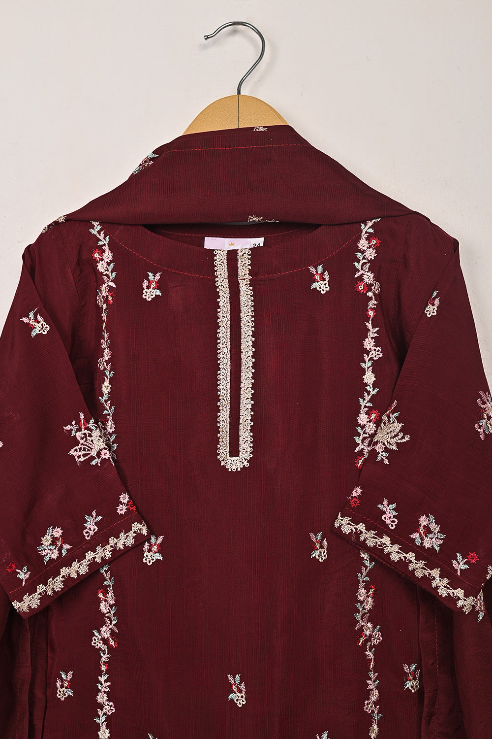 TKF-264-Maroon - Kids 3Pc Ready to Wear Raw Silk Embroidered Dress