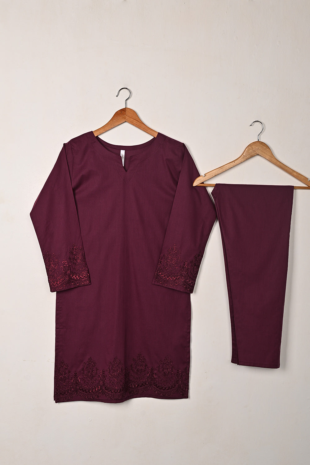 STP-231A-Maroon - 2PC READY TO WEAR  EMBROIDERED COTTON DRESS