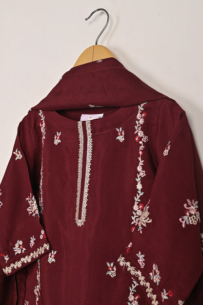 TKF-264-Maroon - Kids 3Pc Ready to Wear Raw Silk Embroidered Dress