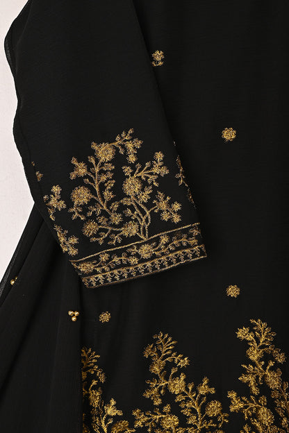 RTW-306-Black -  3Pc Ready to Wear Embroidered Chiffon Dress