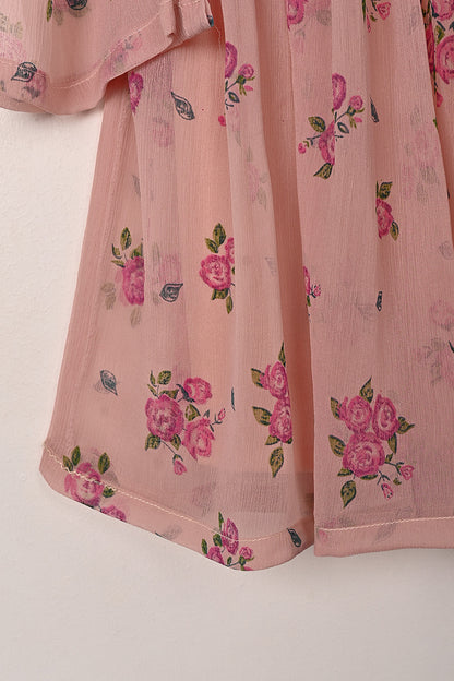 TKF-300-Tea Pink - Kids 3Pc Chiffon Printed Frock