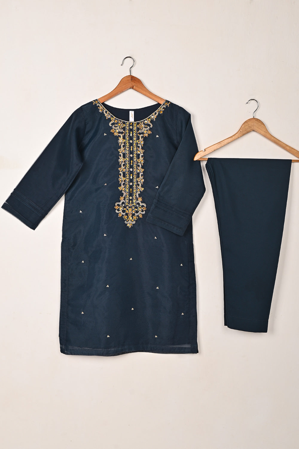 RTW-290-NavyBlue - 3Pc Ready to Wear Embroidered Premium Adda Work Organza Dress