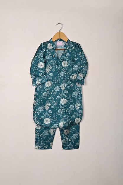 TKF-302-Turqoise - Kids 2Pc Digital Silk Co-Ord Set