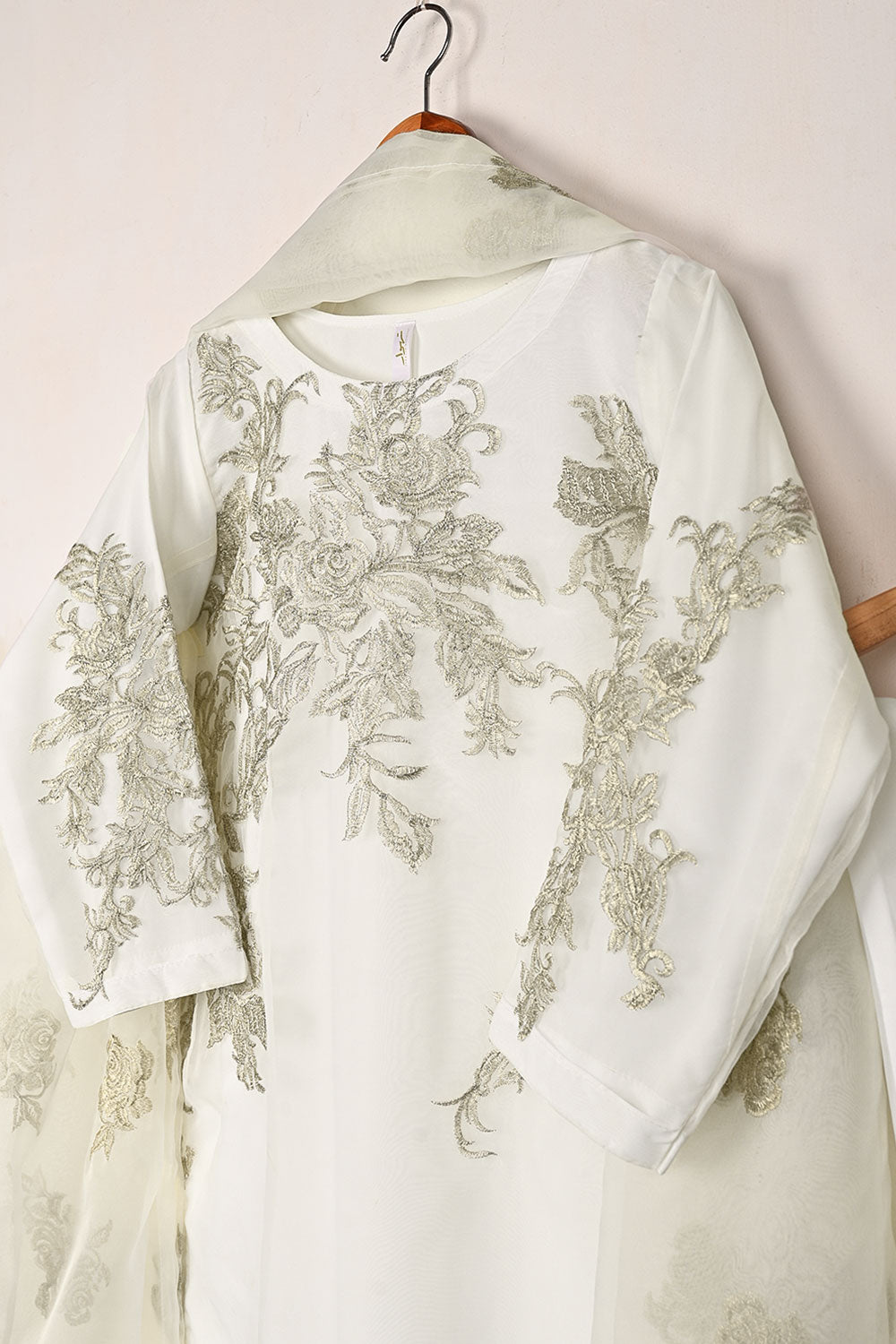 RTW-311-OFF White -  3Pc Ready to Wear Embroidered Organza Dress