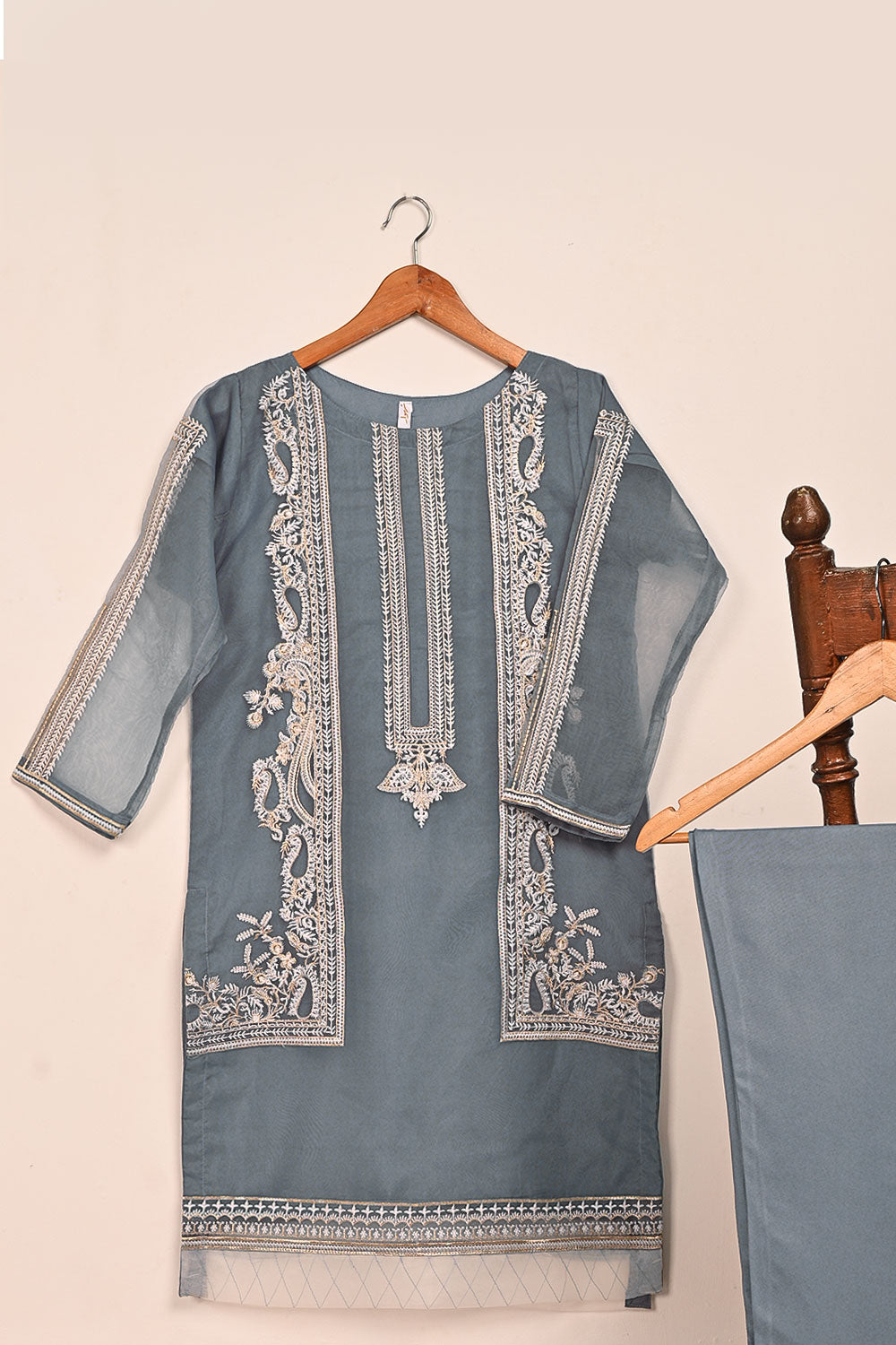 STP-186A-Grey - 2Pc Organza Embroidered Dress