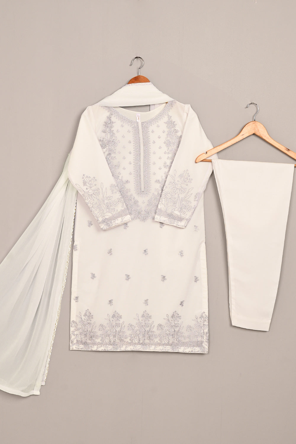 RTW-245-Off White -  3Pc Ready to Wear Embroidered Chiffon Dress