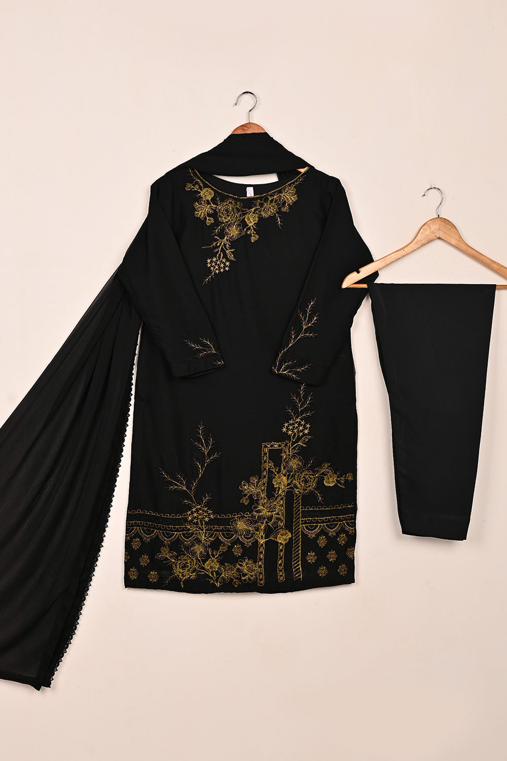 RTW-219-Black -  3Pc Ready to Wear Embroidered Chiffon Dress