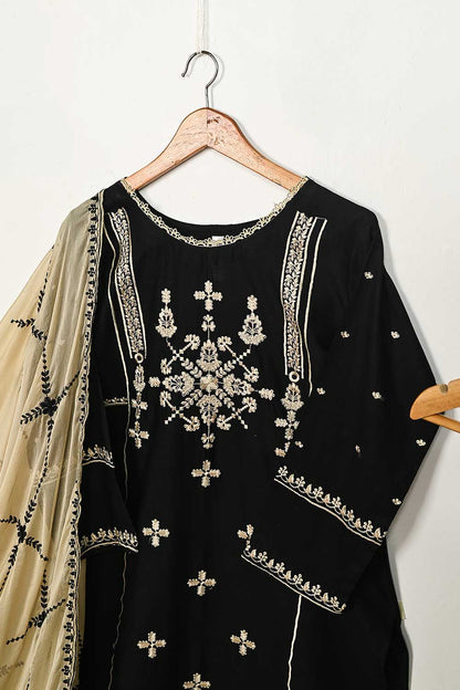 3SP-4C-BLACK - 3PC CAMBRIC EMBROIDERED Dress With Chiffon Embroidered Dupatta