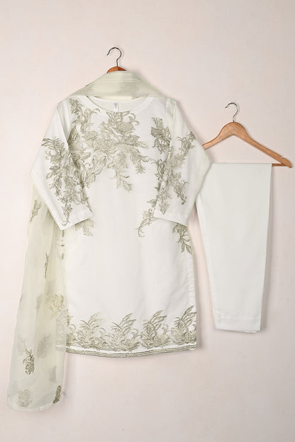 RTW-311-OFF White -  3Pc Ready to Wear Embroidered Organza Dress