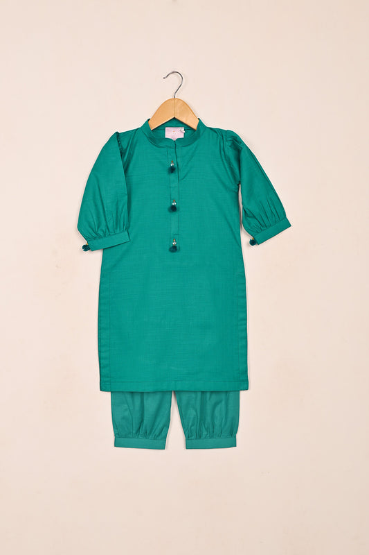 TKF-171-Sea Green- Kids 2Pc Ready to Wear Slub Cotton Dress