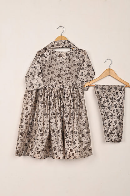 TKF-255-Beige - Kids 3Pc Ready to Wear Silk Printed Frock