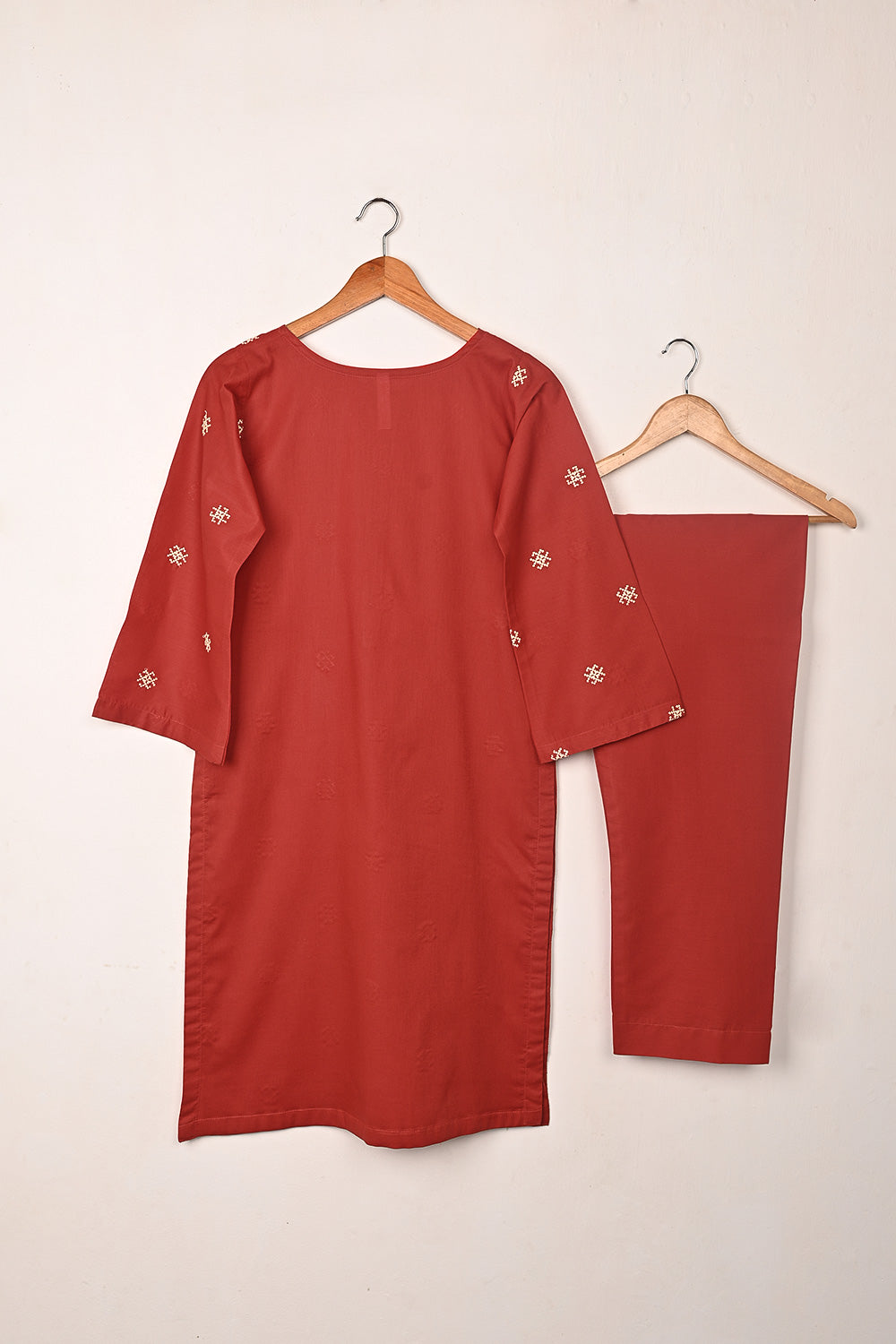 STP-248B-Red  - 2Pc Ready to Wear Embroidered Cambric Dress