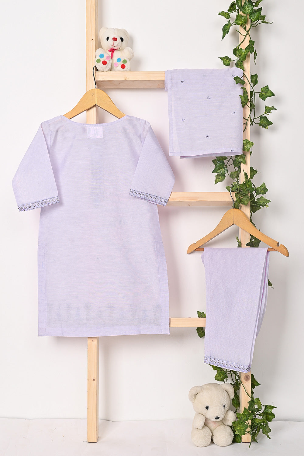 TKF-140-Purple - Kids 3Pc Ready to Wear Embroidered Paper Cotton Slub Dress