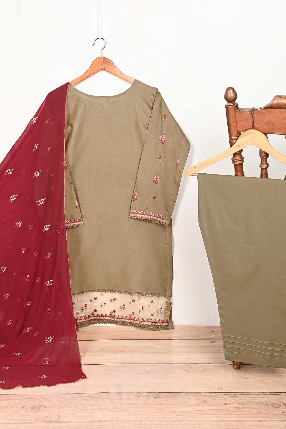 3SP-14B-Brown - 3PC COTTON EMBROIDERED Dress With Chiffon Embroidered Dupatta